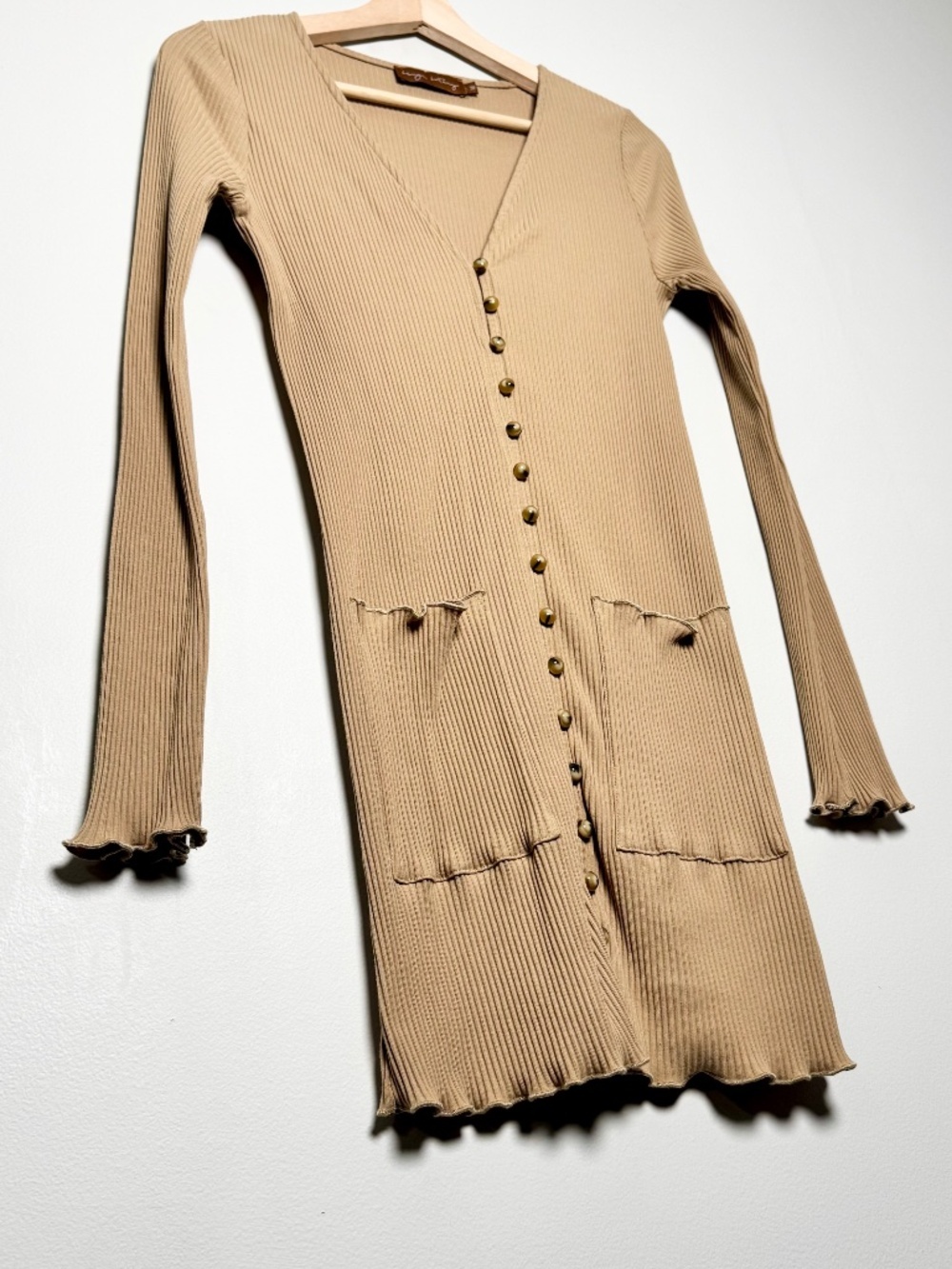 Beige Botany Ribbed Button Down Cotton Sweater Dress Cardigan Tan Sz M